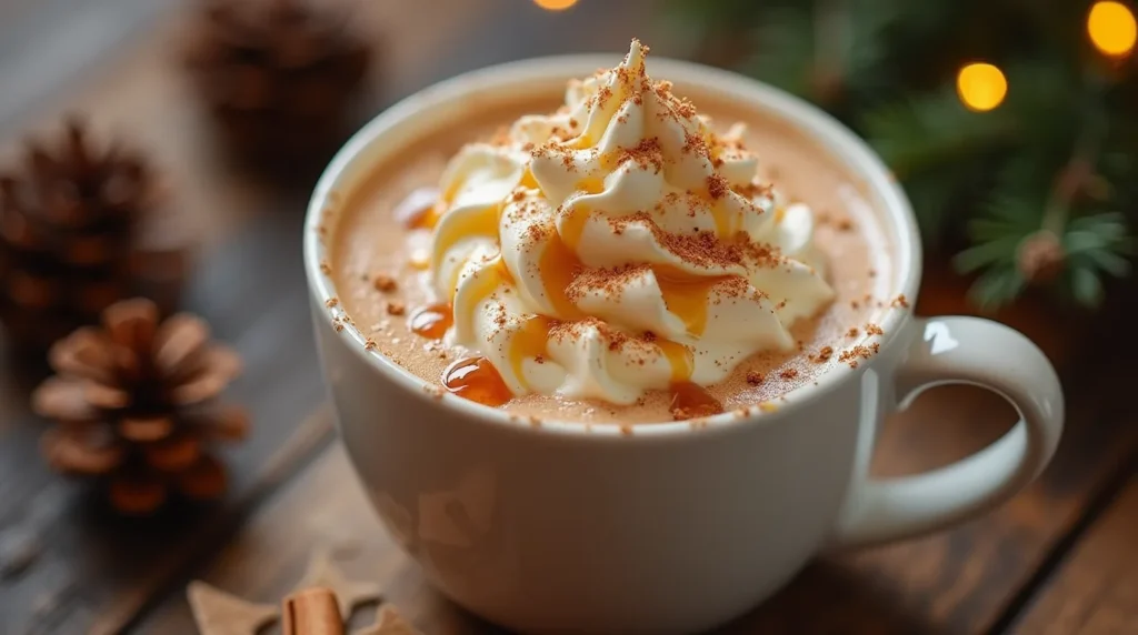 A glass mug of toasted white chocolate mocha with whipped cream and caramel drizzle served on a tray.