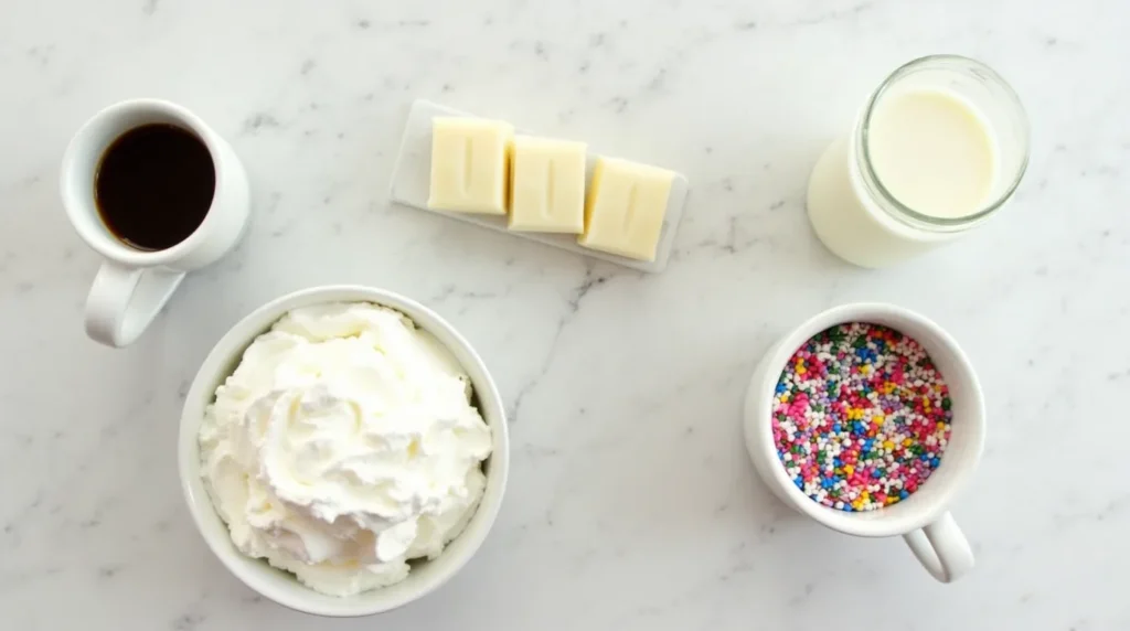 Ingredients for a toasted white chocolate mocha, including espresso and white chocolate sauce.