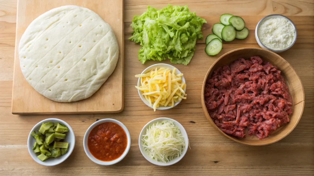 Ingredients for Big Mac Pizza neatly arranged on a wooden countertop.