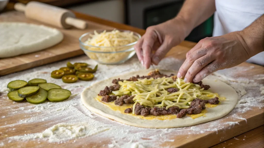 Preparing Big Mac Pizza with sauce being spread on the dough.