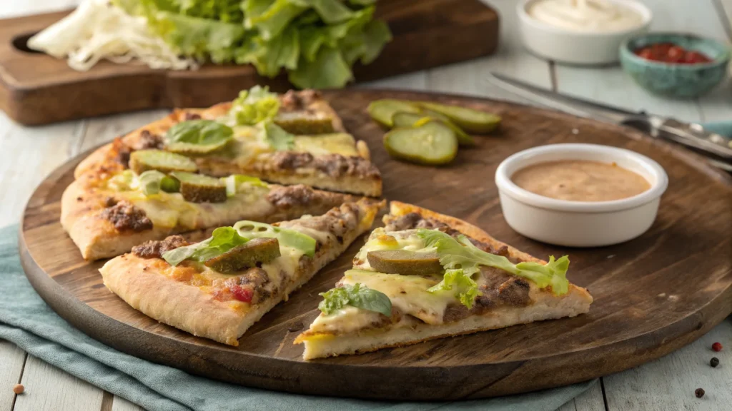 Slices of Big Mac Pizza served on a plate with dipping sauce.