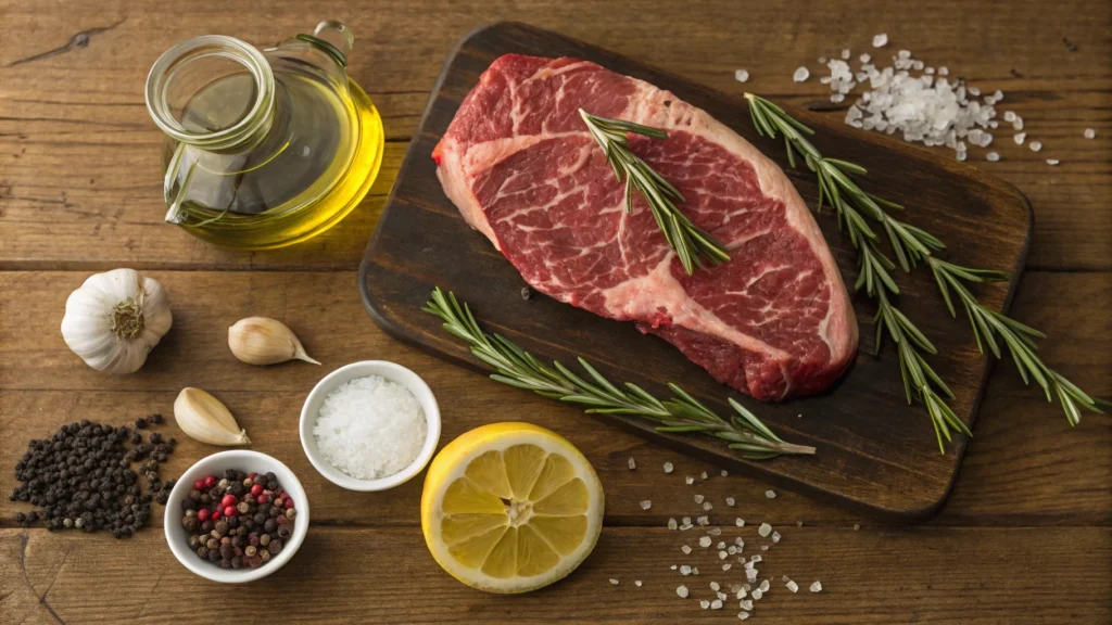 Raw beef shoulder steak with olive oil, garlic, rosemary, salt, and pepper on a wooden table.