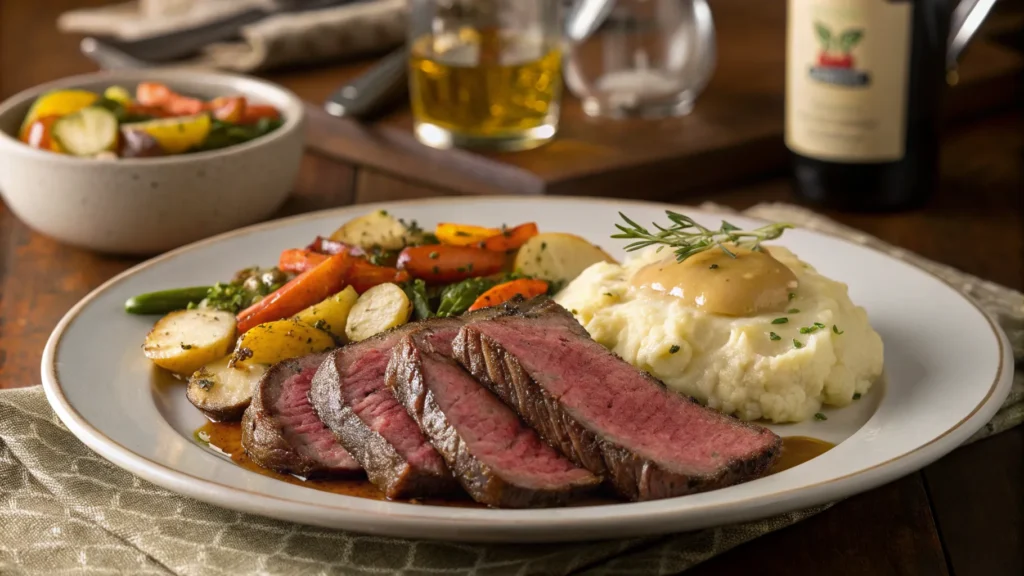 Sliced beef shoulder steak served with roasted vegetables and mashed potatoes.