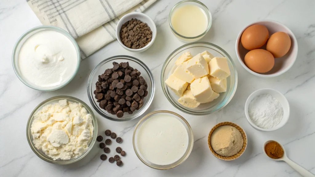 Brownie cheesecake ingredients displayed on a kitchen counter